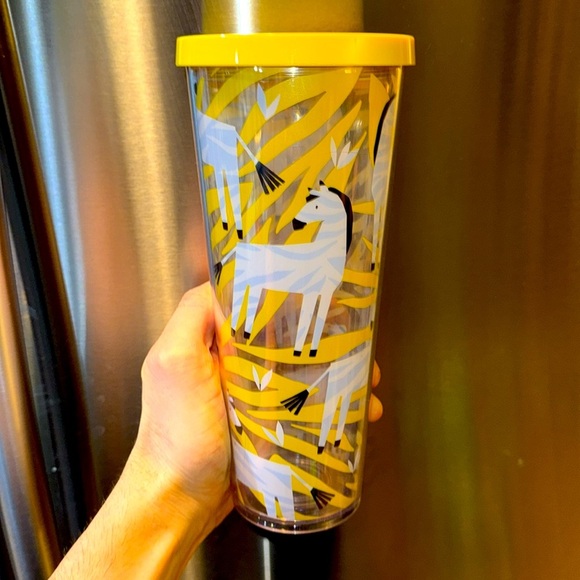RARE! Starbucks Yellow Zebra Stripe Cold Cup Tumbler 24oz Venti NO STRAW w LID - Picture 1 of 12
